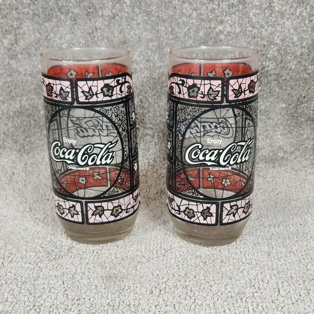 Coca-Cola Drinking Glasses Red Tiffany Stained Glass Style Vintage Set of 2 OS